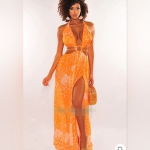 TANGERINE PRINT O-RING CUT OUT GOLD BELTED DOUBLE SLIT MAXI DRESS